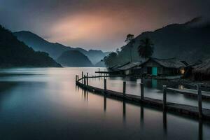 un' lungo molo nel il mezzo di un' lago con case su esso. ai-generato foto