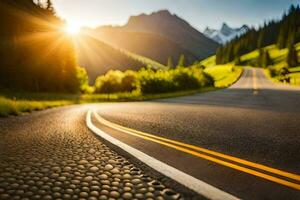 un' strada con un' sole splendente nel il sfondo. ai-generato foto