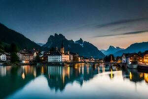 il Luna è splendente al di sopra di un' fiume e montagne. ai-generato foto