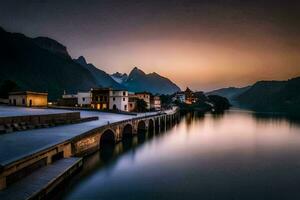 foto sfondo il cielo, montagne, ponte, lago, Casa, il città, il lago,. ai-generato