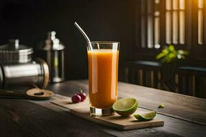 un' bicchiere di arancia succo con un' lime su un' di legno tavolo. ai-generato foto