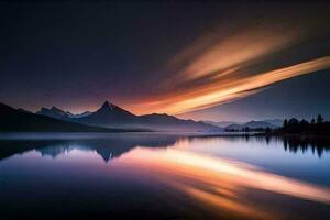 un' bellissimo tramonto al di sopra di un' lago con montagne nel il sfondo. ai-generato foto