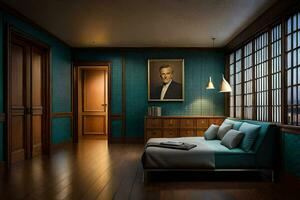 un' camera con un' blu parete e di legno piani. ai-generato foto