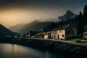 un' fiume corre attraverso un' villaggio a tramonto. ai-generato foto