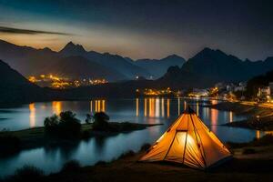 un' tenda nel il montagne a notte. ai-generato foto