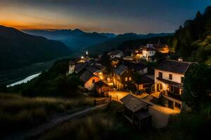 un' villaggio a crepuscolo nel il montagne. ai-generato foto