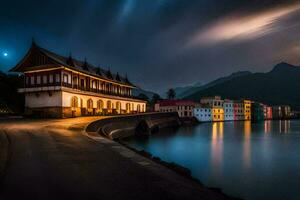 un' bellissimo notte tiro di un' lago e edifici. ai-generato foto