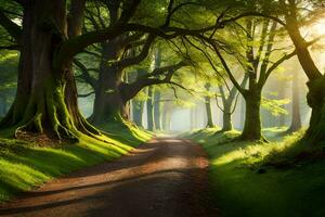 un' sporco strada nel il mezzo di un' foresta con alberi. ai-generato foto