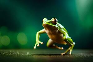 un' rana salto su un' verde sfondo. ai-generato foto