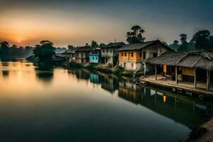 un' fiume nel il mezzo di un' villaggio a tramonto. ai-generato foto