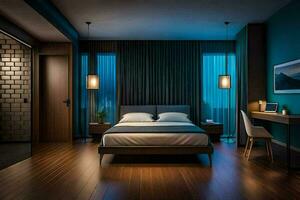 un' moderno Camera da letto con blu muri e legna piani. ai-generato foto