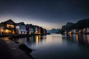 foto sfondo il cielo, notte, Norvegia, il mare, case, il villaggio, il. ai-generato