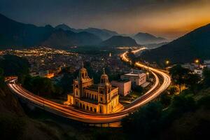 un' città con un' Chiesa e montagne nel il sfondo. ai-generato foto