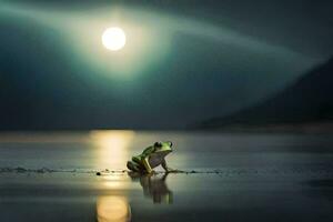 un' rana seduta su il spiaggia a notte con un' pieno Luna nel il sfondo. ai-generato foto