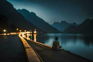 un' uomo seduta su il lato di un' strada vicino un' lago. ai-generato foto