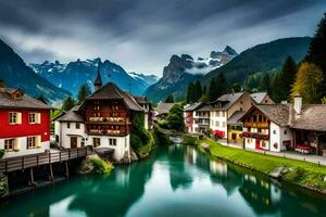 foto sfondo il cielo, montagne, fiume, case, montagne, Svizzera, Svizzera,. ai-generato