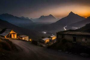 un' villaggio nel il montagne a tramonto. ai-generato foto