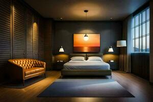 un' moderno Camera da letto con buio legna muri e un' letto. ai-generato foto