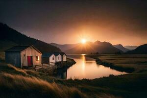 il sole sorge al di sopra di un' lago e un' piccolo Casa nel il mezzo di un' campo. ai-generato foto