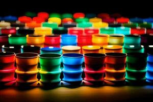 un' gruppo di colorato tazze siamo illuminato su. ai-generato foto