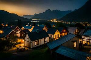 un' villaggio a notte con luci su il tetti. ai-generato foto