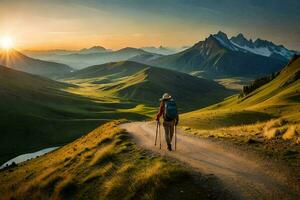 un' uomo passeggiate su un' sentiero nel il montagne. ai-generato foto