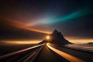 un' lungo esposizione fotografia di un' strada e montagna nel il sfondo. ai-generato foto