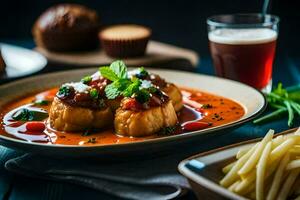 un' piatto di cibo con patate e carne. ai-generato foto