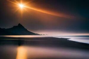 il sole brilla al di sopra di un' spiaggia e montagne. ai-generato foto