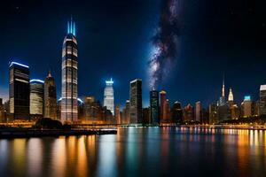 il latteo modo brilla brillantemente al di sopra di il Chicago orizzonte. ai-generato foto