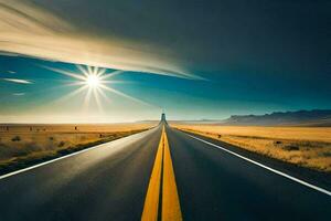 il sole brilla al di sopra di un' lungo strada nel il mezzo di un' deserto. ai-generato foto