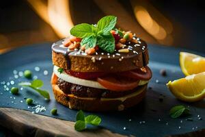 un' hamburger con formaggio, pomodori e menta su un' piatto. ai-generato foto