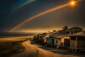 un' arcobaleno brilla al di sopra di un' spiaggia e case. ai-generato foto