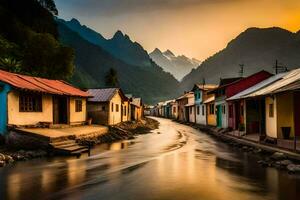 un' fiume corre attraverso un' villaggio a tramonto. ai-generato foto