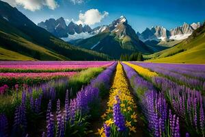 un' campo di viola fiori e montagne nel il sfondo. ai-generato foto