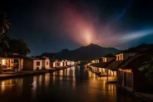 un' fiume a notte con case e montagne nel il sfondo. ai-generato foto