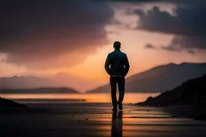 un' uomo a piedi su il spiaggia a tramonto. ai-generato foto