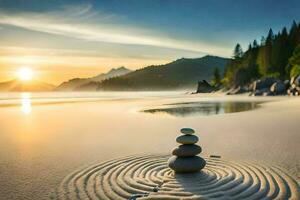 un' zen giardino su il spiaggia. ai-generato foto