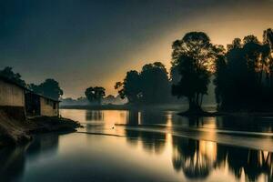 un' fiume a tramonto con alberi e un' Casa. ai-generato foto