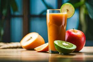 un arancia succo con affettato mele e Kiwi. ai-generato foto