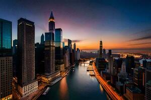 il Chicago orizzonte a tramonto. ai-generato foto