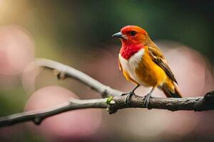 un' rosso e arancia uccello seduta su un' ramo. ai-generato foto