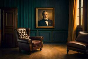 un' camera con un' pittura di un' uomo seduta nel un' sedia. ai-generato foto