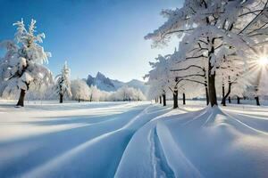 un' nevoso paesaggio con alberi e neve. ai-generato foto