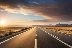 un' lungo vuoto strada nel il deserto a tramonto. ai-generato foto