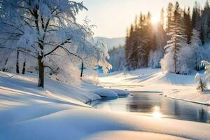 un' fiume nel il neve. ai-generato foto