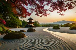 il giapponese giardino a tramonto con un' pagoda nel il primo piano. ai-generato foto