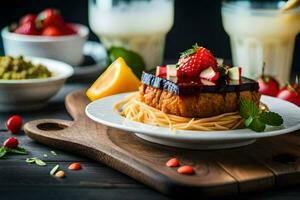 un' piatto di cibo con fragole, pomodori e altro ingredienti. ai-generato foto