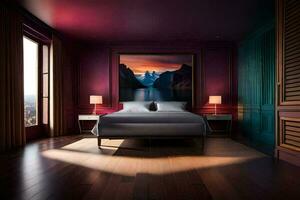 un' Camera da letto con viola muri e di legno piani. ai-generato foto