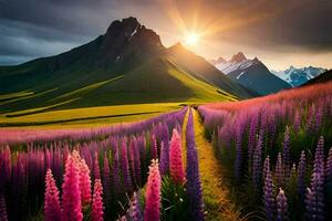 il sole sorge al di sopra di il montagne e il lupino fiori. ai-generato foto